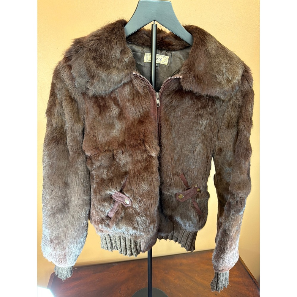 G.V.2 Vintage Brown Rabbit Fur Bomber‎ Jacket Zip Up Oversized Collar Womens M